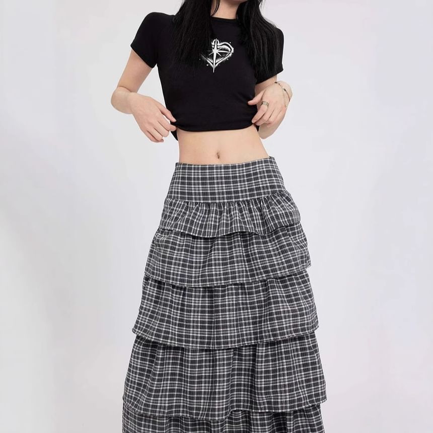 Plaid A-Line Maxi Skirt with Low Rise and Tiered Layers