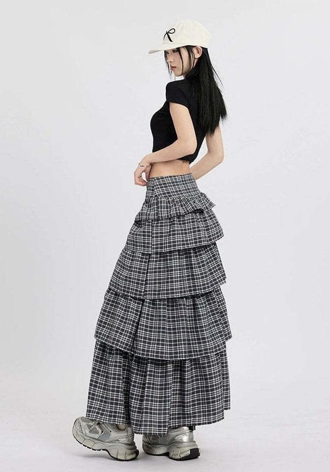 Plaid A-Line Maxi Skirt with Low Rise and Tiered Layers