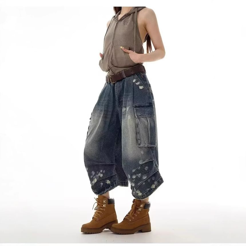 Mid Waist Dotted Washed Pocket Detail Jorts