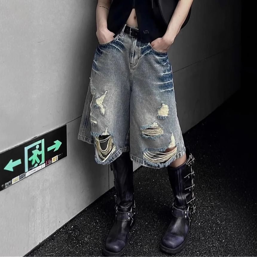 Low Rise Washed Distressed Denim Shorts