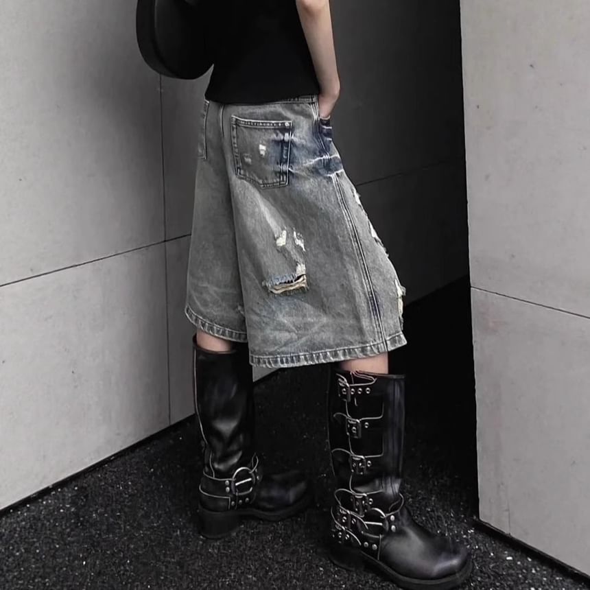 Low Rise Washed Distressed Denim Shorts