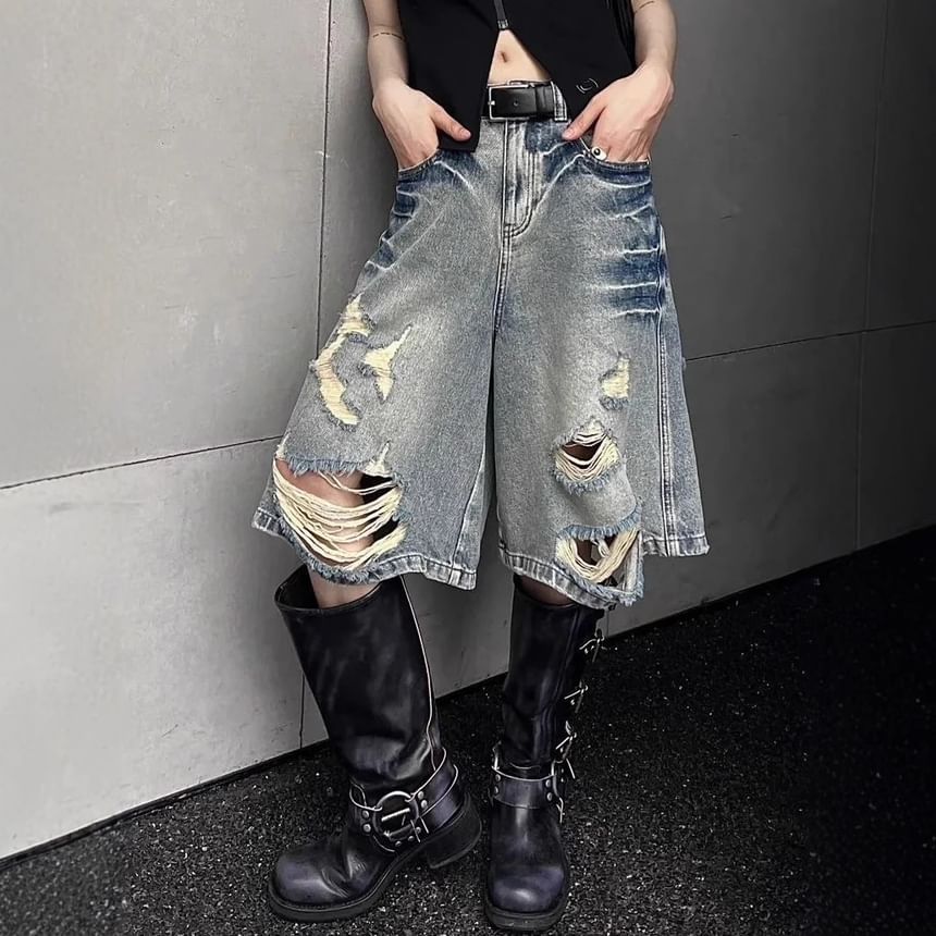 Low Rise Washed Distressed Denim Shorts