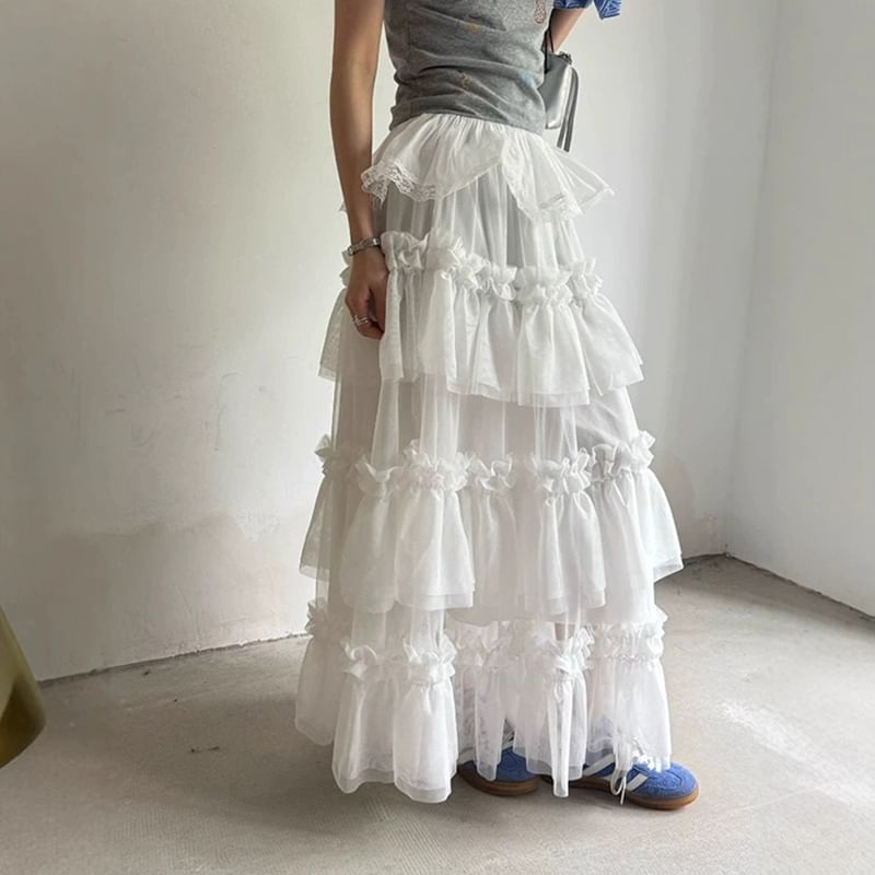 Ruffle Hem Maxi A-Line Skirt with Elastic Waist