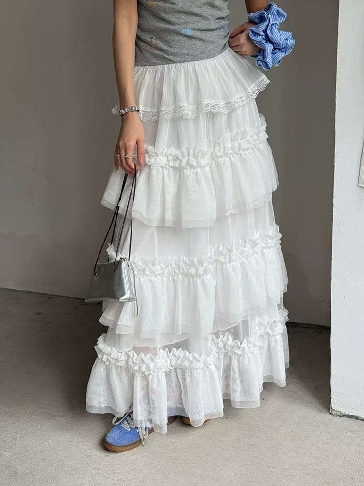 Ruffle Hem Maxi A-Line Skirt with Elastic Waist