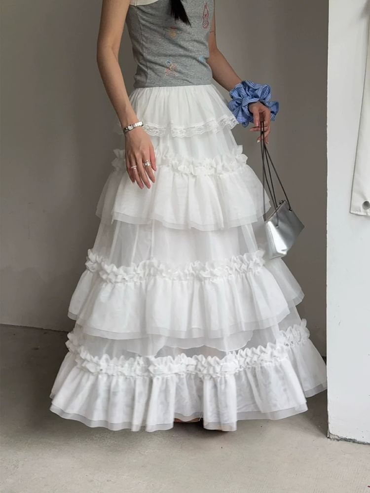 Ruffle Hem Maxi A-Line Skirt with Elastic Waist