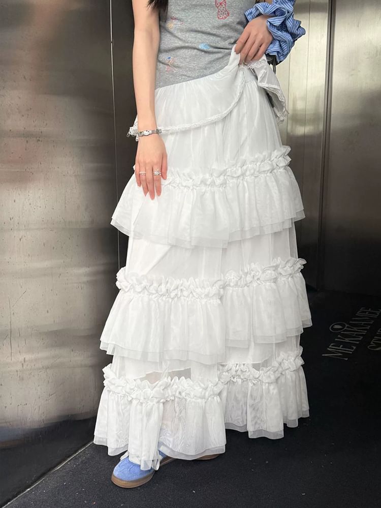 Ruffle Hem Maxi A-Line Skirt with Elastic Waist