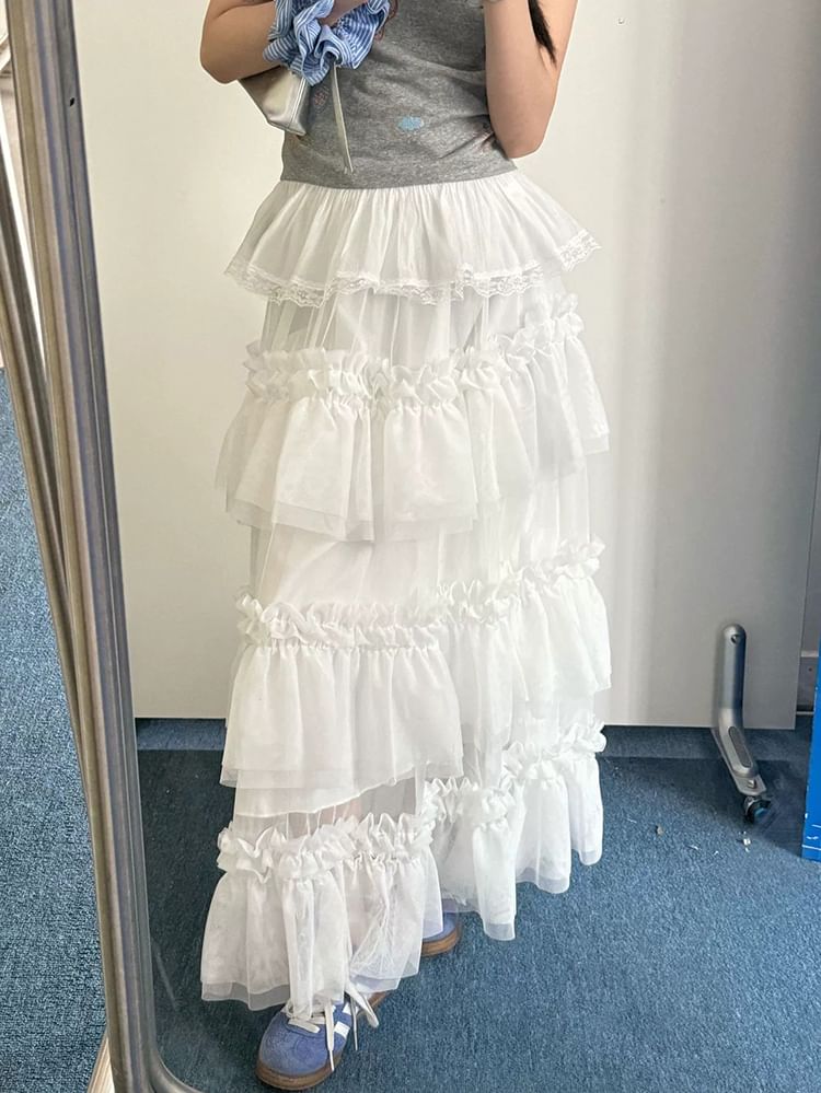Ruffle Hem Maxi A-Line Skirt with Elastic Waist