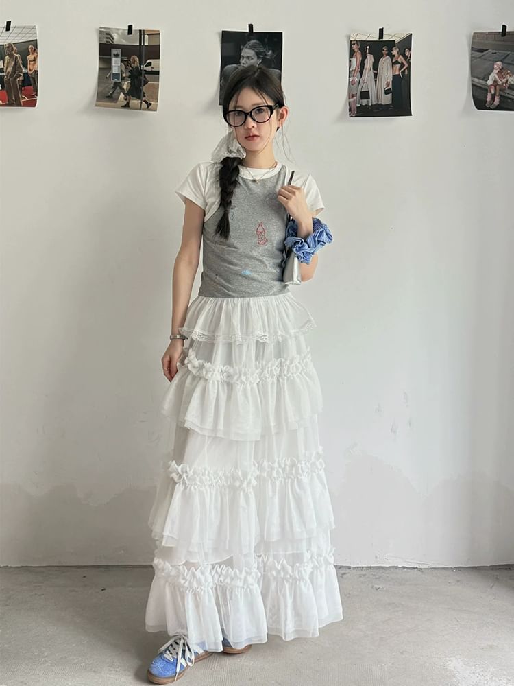 Ruffle Hem Maxi A-Line Skirt with Elastic Waist