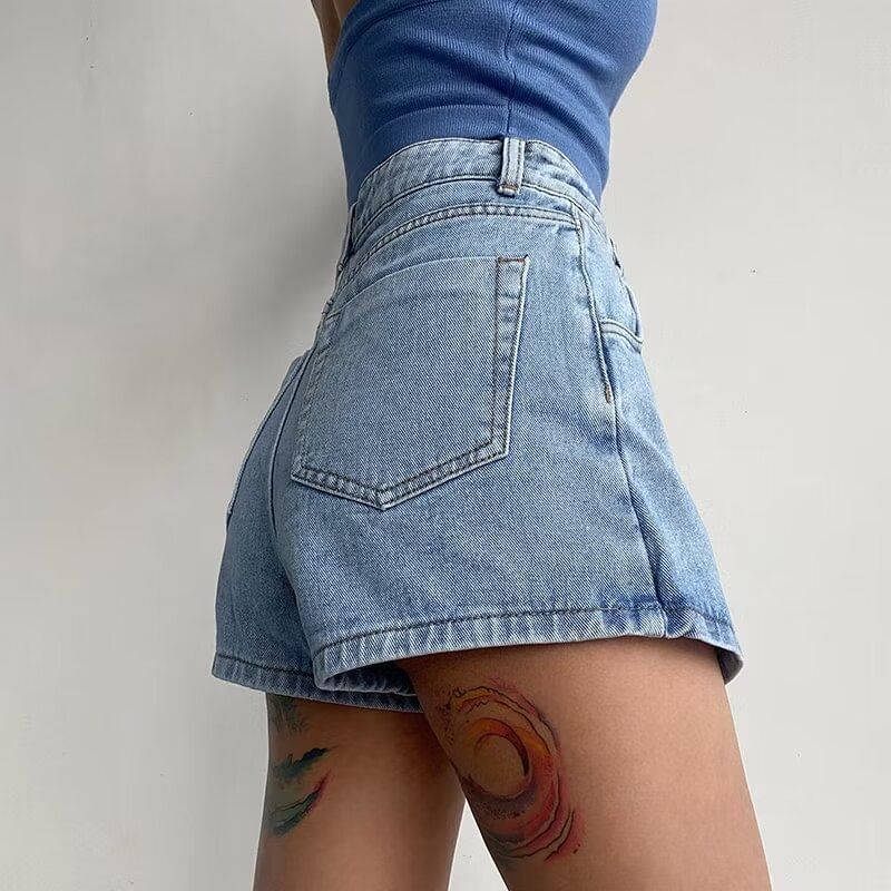 High Waist Asymmetrical Washed Denim Mini A-Line Wrap Skort