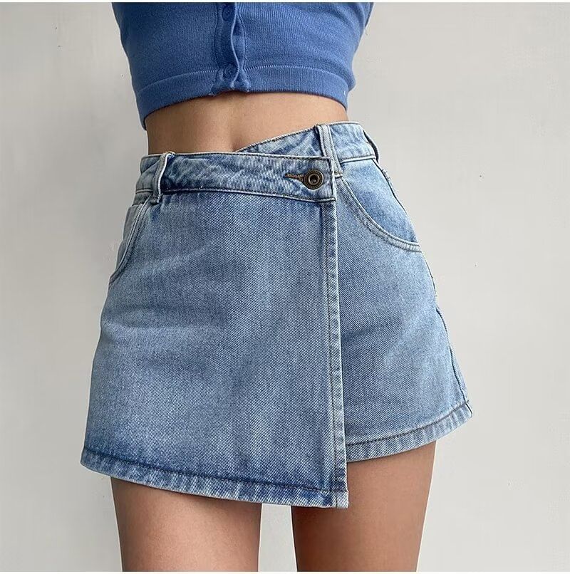 High Waist Asymmetrical Washed Denim Mini A-Line Wrap Skort