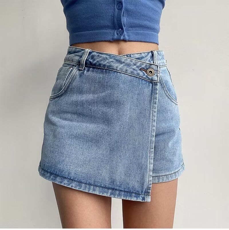 High Waist Asymmetrical Washed Denim Mini A-Line Wrap Skort
