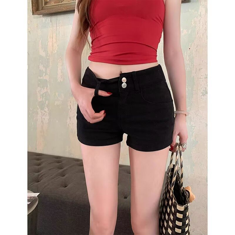 High Waist Plain Denim Hot Pants