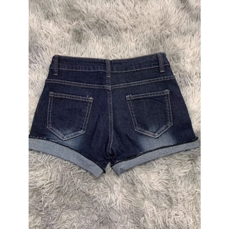 Low Rise Washed Frayed Denim Hot Pants