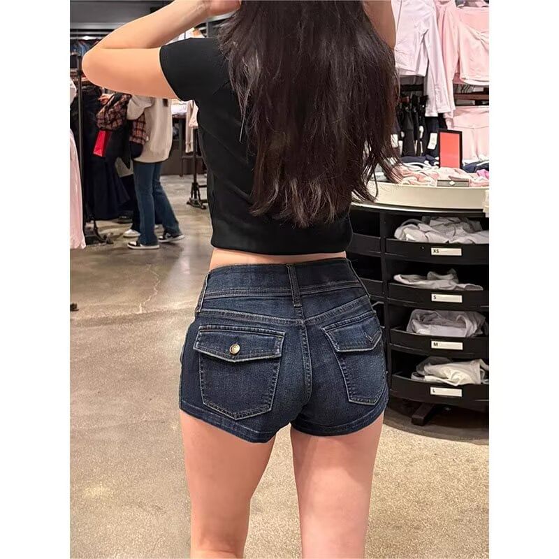 Low Rise Washed Denim Hot Pants