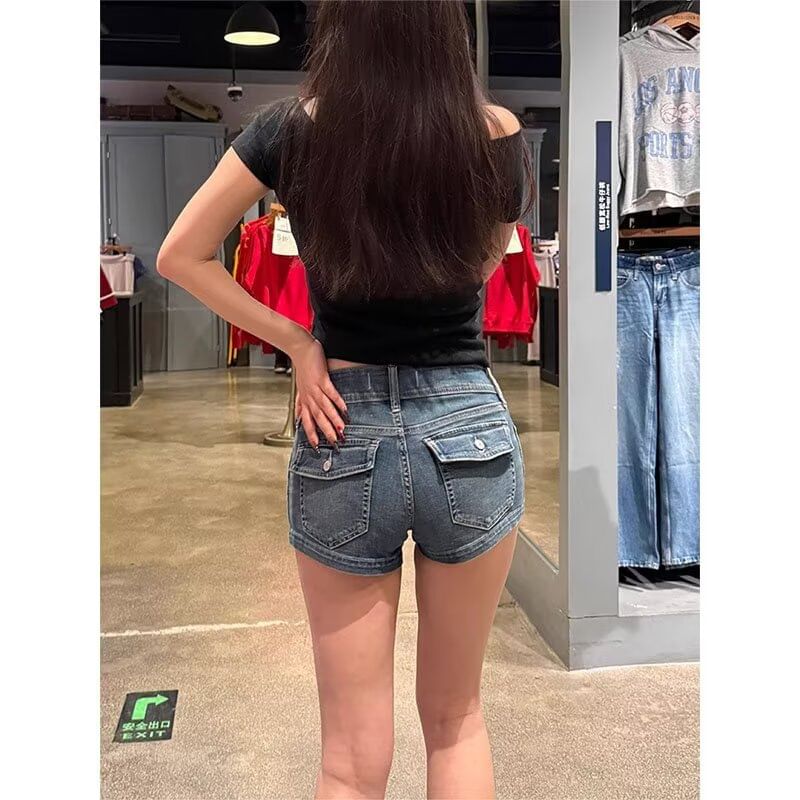 Low Rise Washed Denim Hot Pants