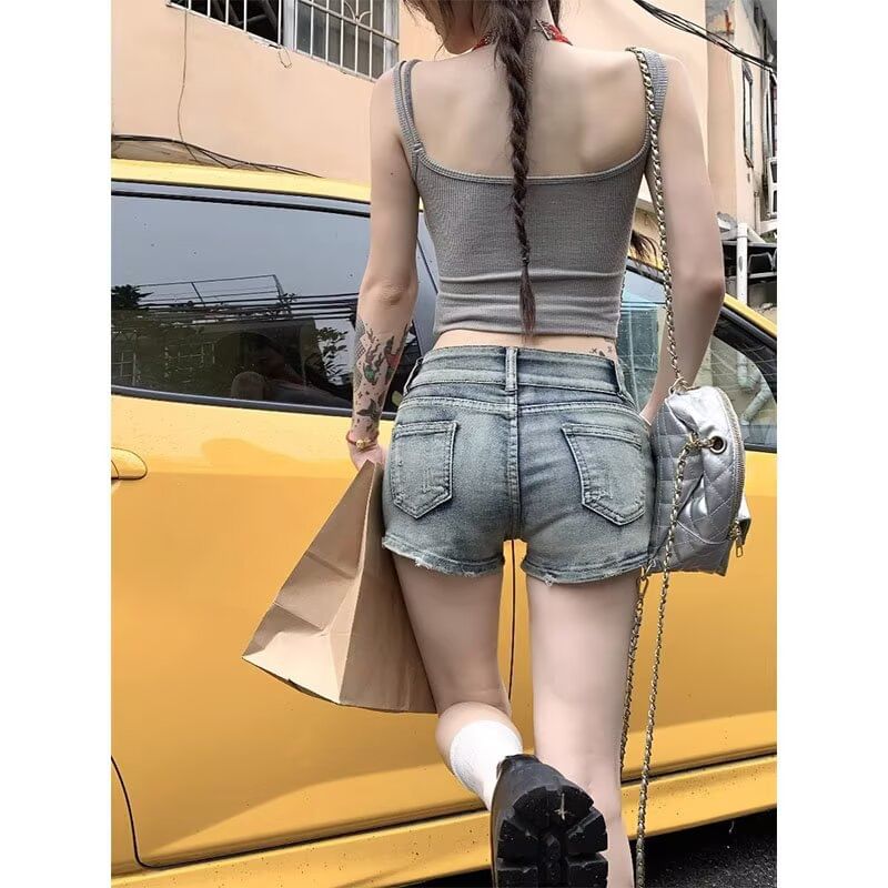 Low Rise Studded Washed Frayed Denim Hot Pants