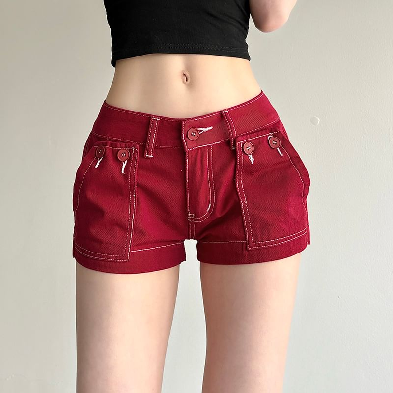 Low Rise Contrast Stitched Denim Hot Pants
