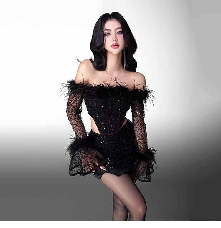 Off-Shoulder Sheer Bustier Top & Pencil Skirt Duo