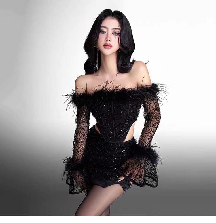 Off-Shoulder Sheer Bustier Top & Pencil Skirt Duo