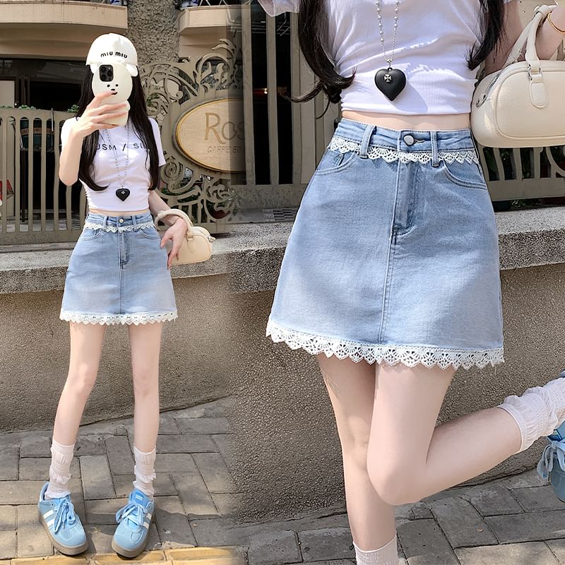Lace-Trimmed Denim Flared Mini Skirt