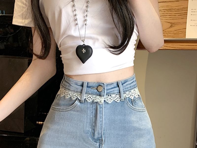 Lace-Trimmed Denim Flared Mini Skirt