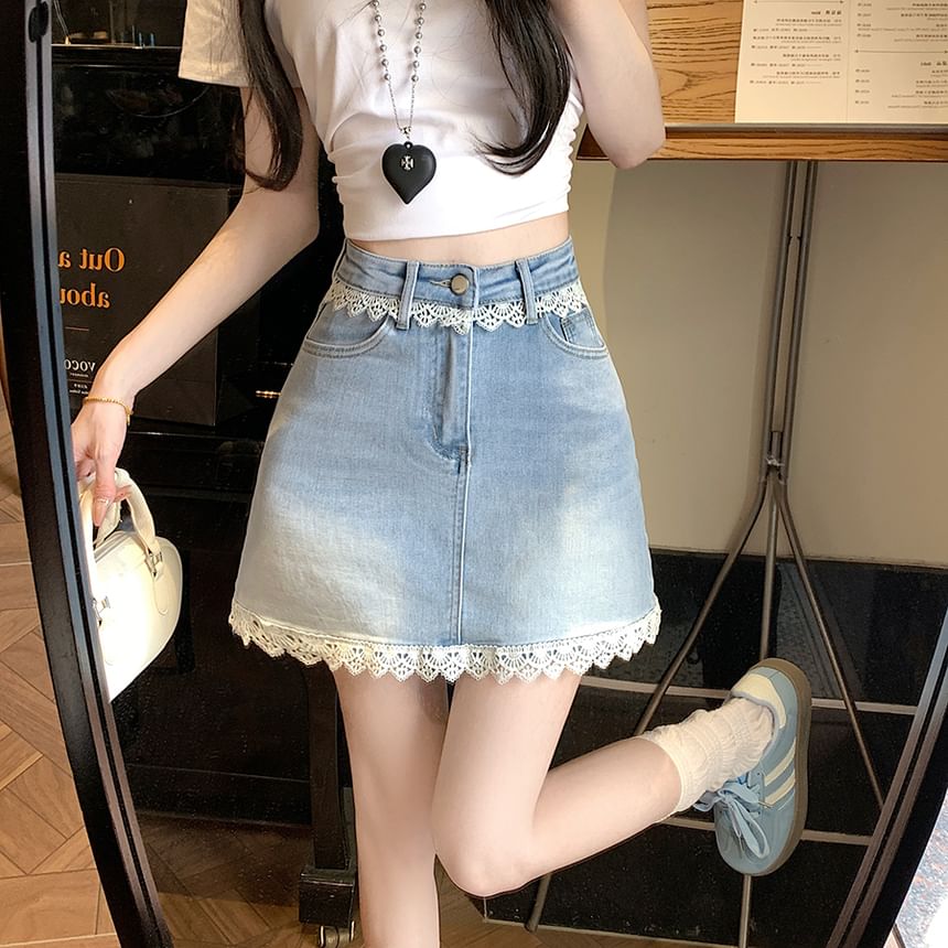 Lace-Trimmed Denim Flared Mini Skirt