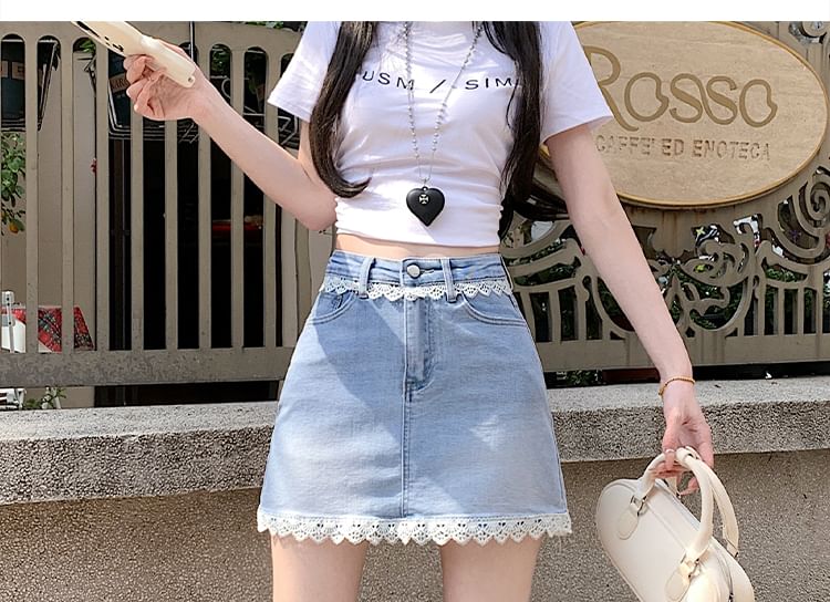 Lace-Trimmed Denim Flared Mini Skirt