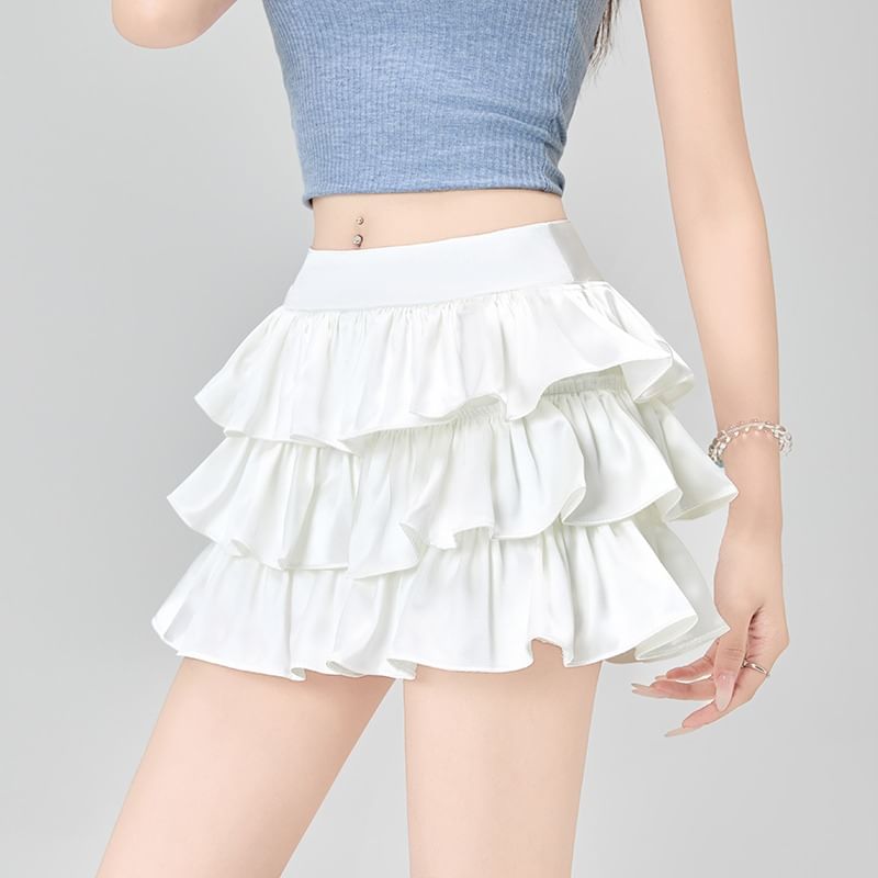 Layered Ruffle High-Waisted Flared Mini Skirt