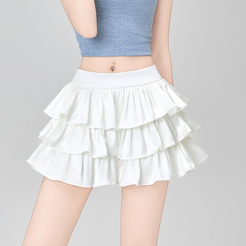 Layered Ruffle High-Waisted Flared Mini Skirt