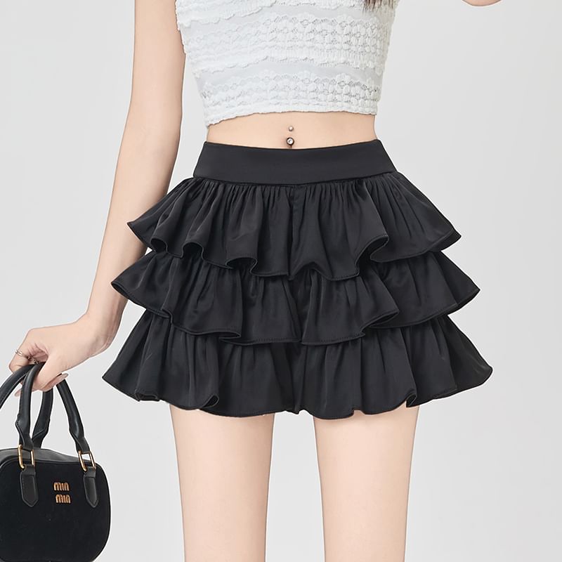 Layered Ruffle High-Waisted Flared Mini Skirt
