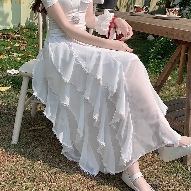 Lace-Embellished Ruffle Maxi Flared Skirt