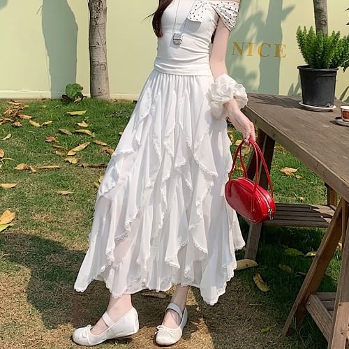 Lace-Embellished Ruffle Maxi Flared Skirt