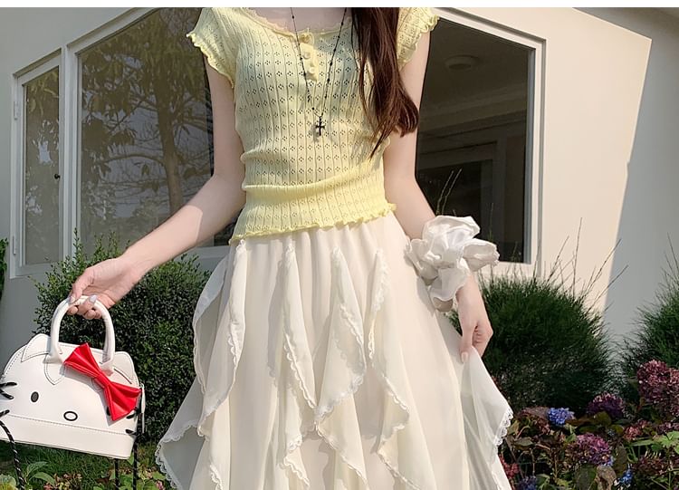 Lace-Embellished Ruffle Maxi Flared Skirt