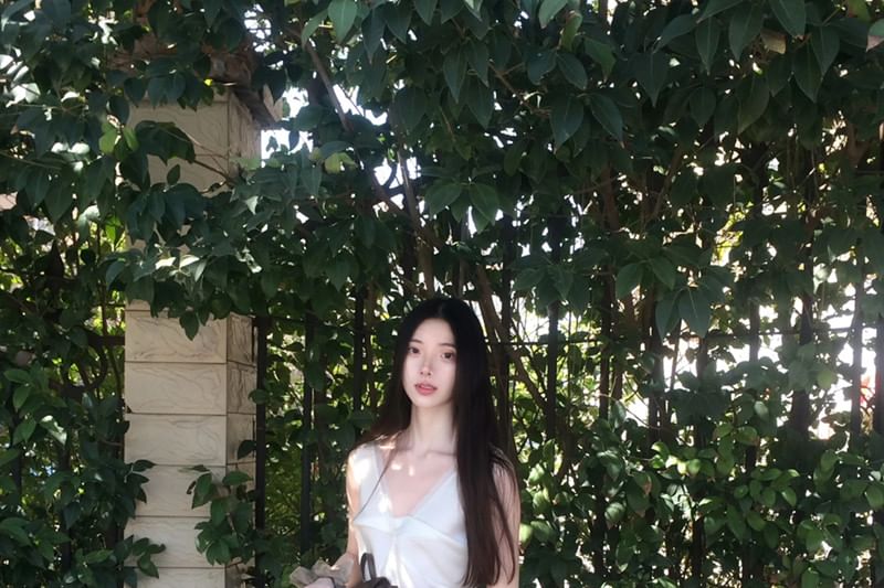 Sleeveless V-Neck Blouse with A-Line Skirt
