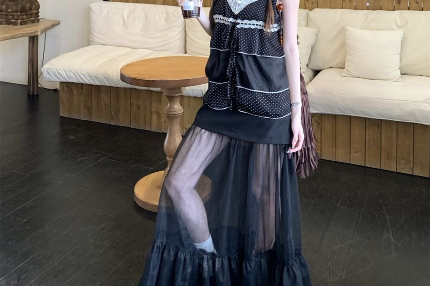 Dotted Lace Camisole with Mesh Panel Maxi Skirt