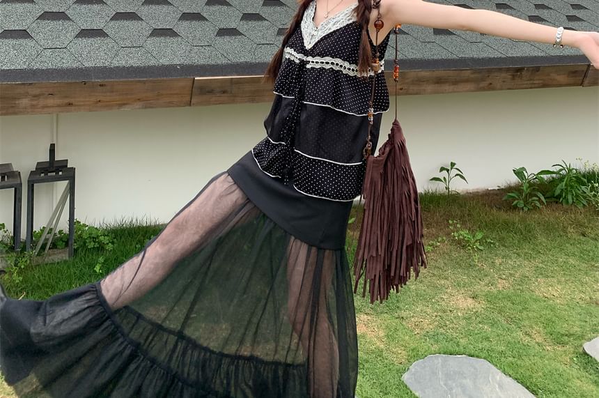 Dotted Lace Camisole with Mesh Panel Maxi Skirt