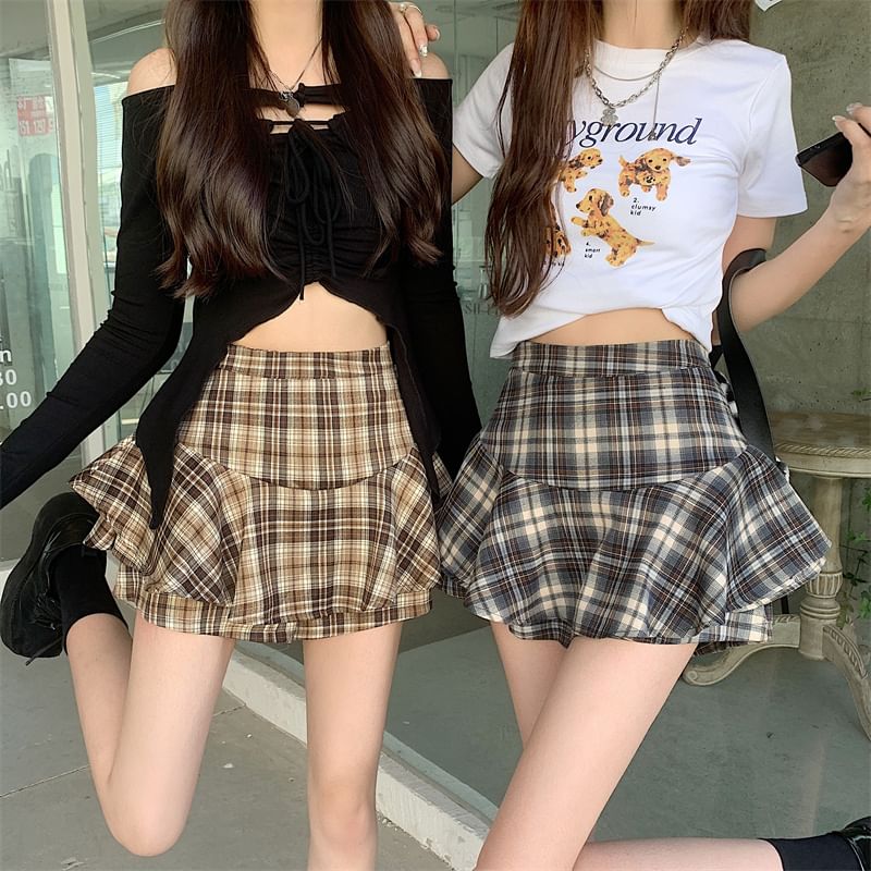 Plaid Ruffle Mini Skirt with High Waist