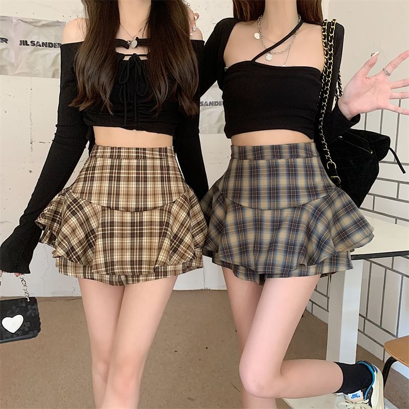 Plaid Ruffle Mini Skirt with High Waist