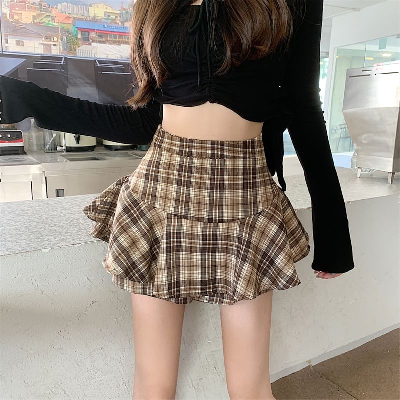 Plaid Ruffle Mini Skirt with High Waist