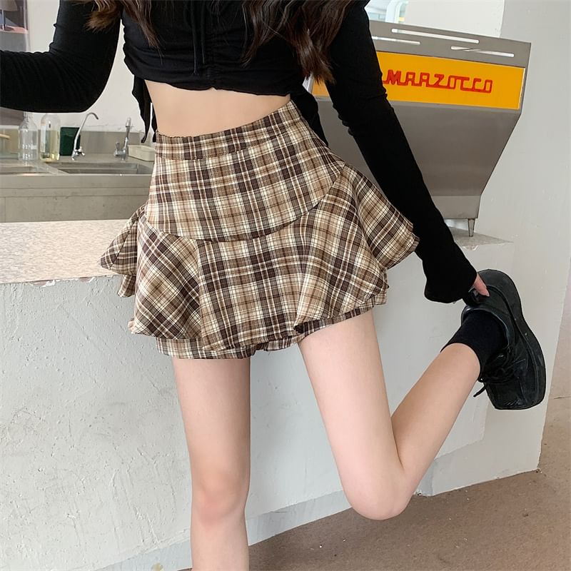 Plaid Ruffle Mini Skirt with High Waist