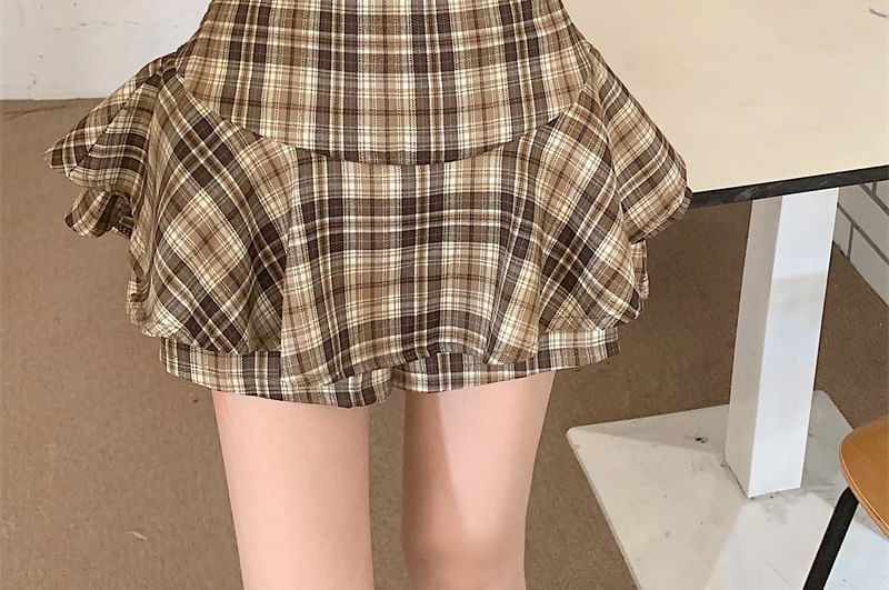 Plaid Ruffle Mini Skirt with High Waist
