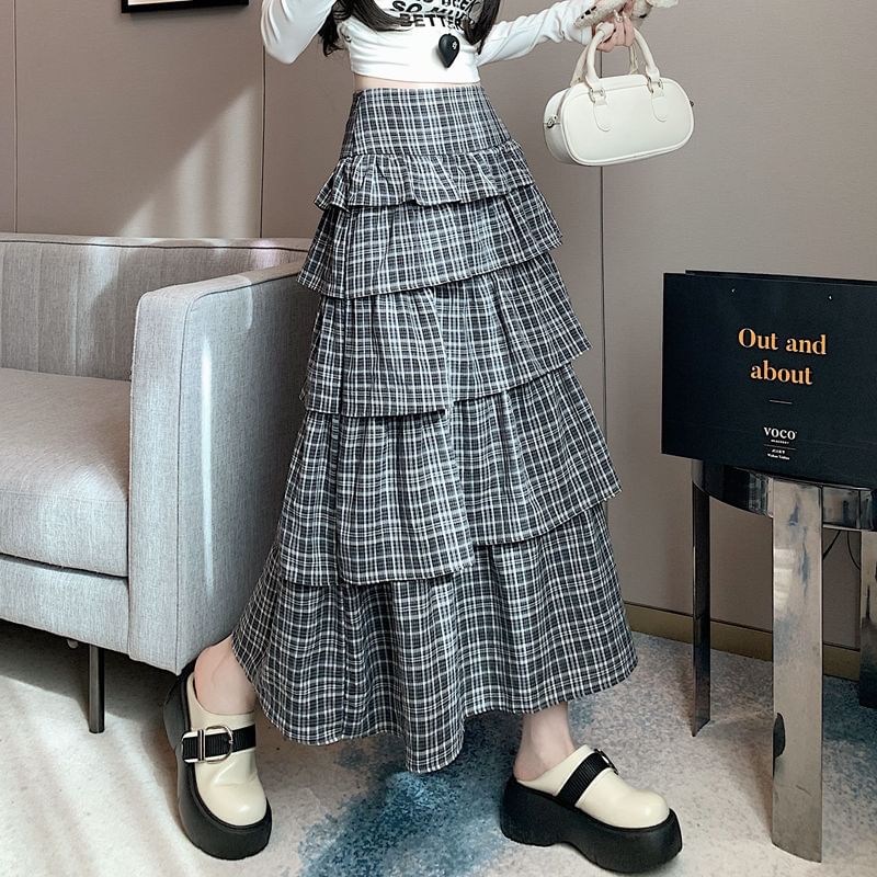Plaid Tiered Maxi Skirt with High Waist