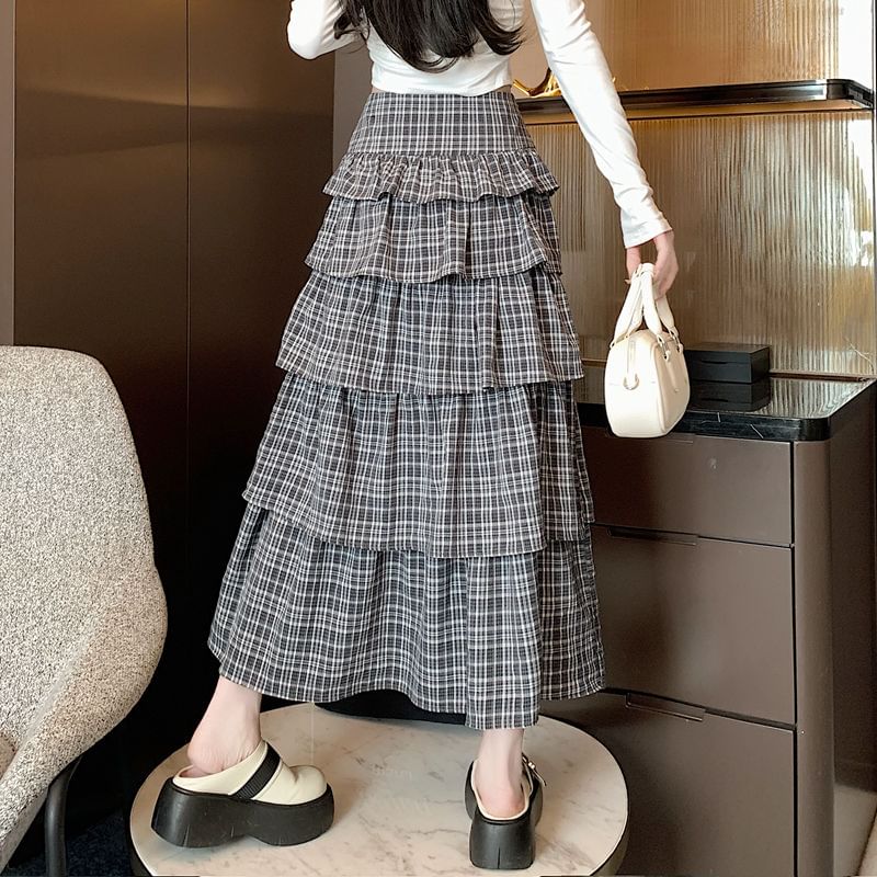 Plaid Tiered Maxi Skirt with High Waist