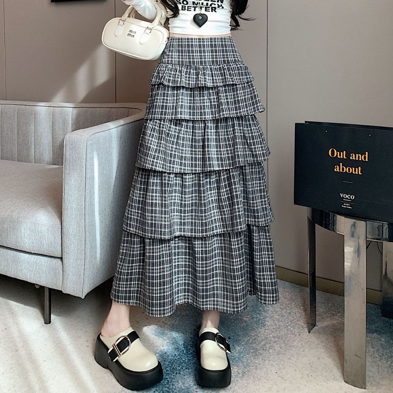 Plaid Tiered Maxi Skirt with High Waist