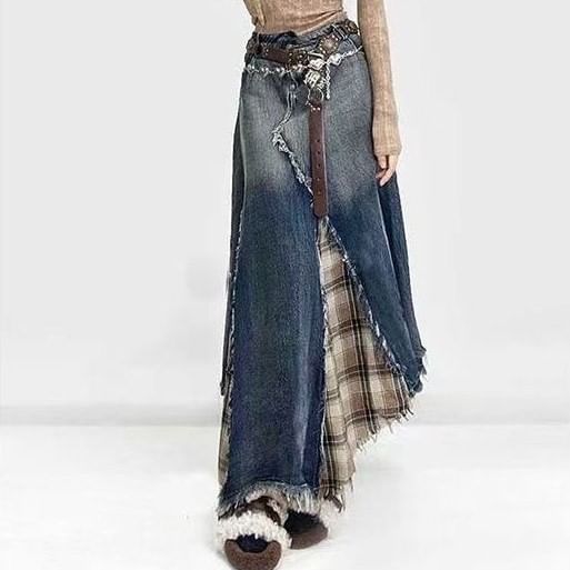 Washed Plaid Denim Maxi Skirt with Fray Slit