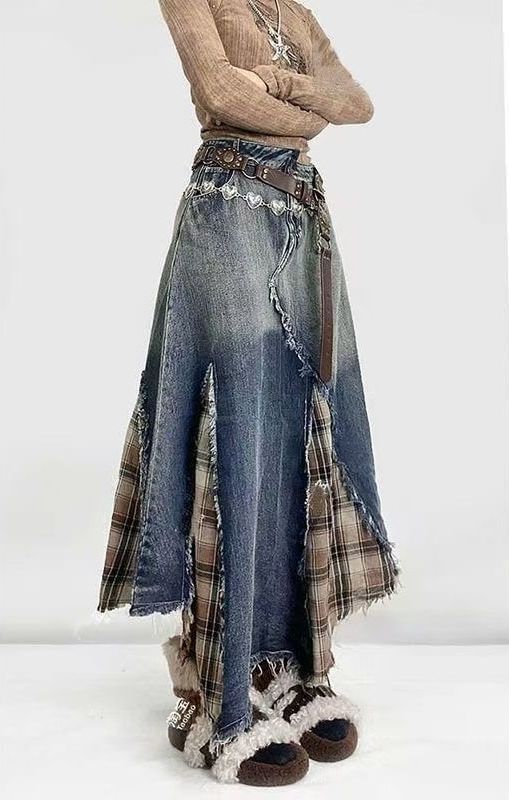 Washed Plaid Denim Maxi Skirt with Fray Slit