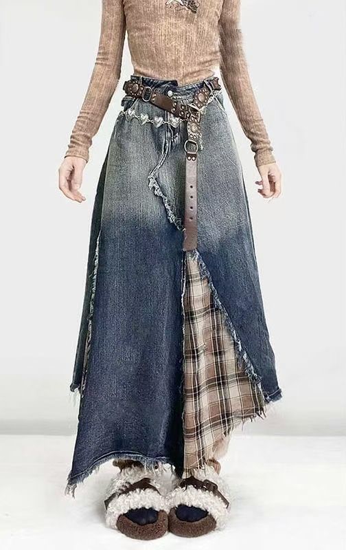 Washed Plaid Denim Maxi Skirt with Fray Slit