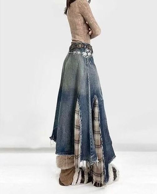 Washed Plaid Denim Maxi Skirt with Fray Slit