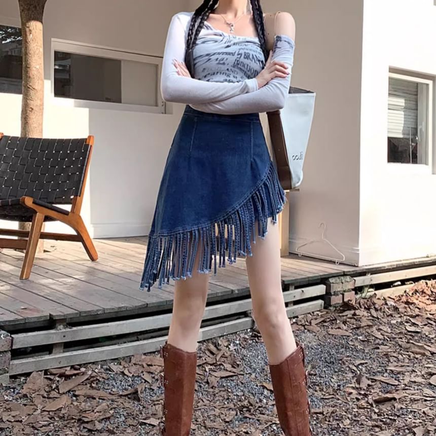 High Waist Washed Fringe Asymmetrical Mini A-Line Denim Skort