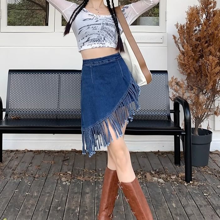 High Waist Washed Fringe Asymmetrical Mini A-Line Denim Skort